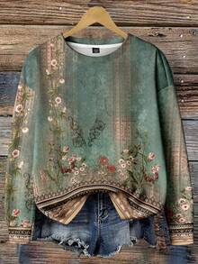 EMERY ROSE Casual Versatile Minimalist Retro Floral Pattern Round Neck Loose Fit Women Sweatshirt, Suitable For Back To School, Teacher's Day, Halloween, Christmas, Fall/Winter - Multicolor - View 5