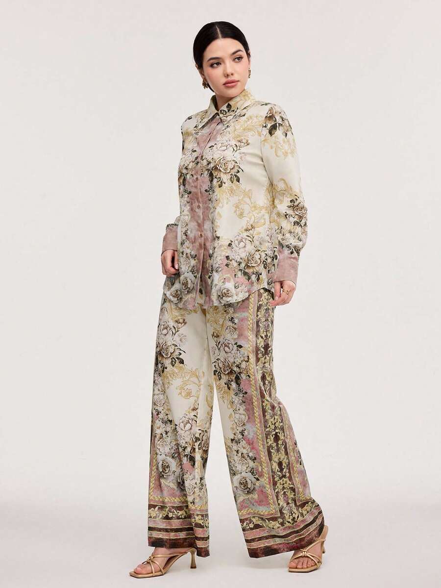 Veilorie 2pcs Women's Front Button Up Long Sleeve All-Over Print Top And Pants Set 2 Pieces Set - Apricot - View 1