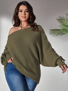 Elenzga Plus Size Solid Color Off Shoulder Drawstring Sweater, Multi-Color Fall - Army Green - View 4