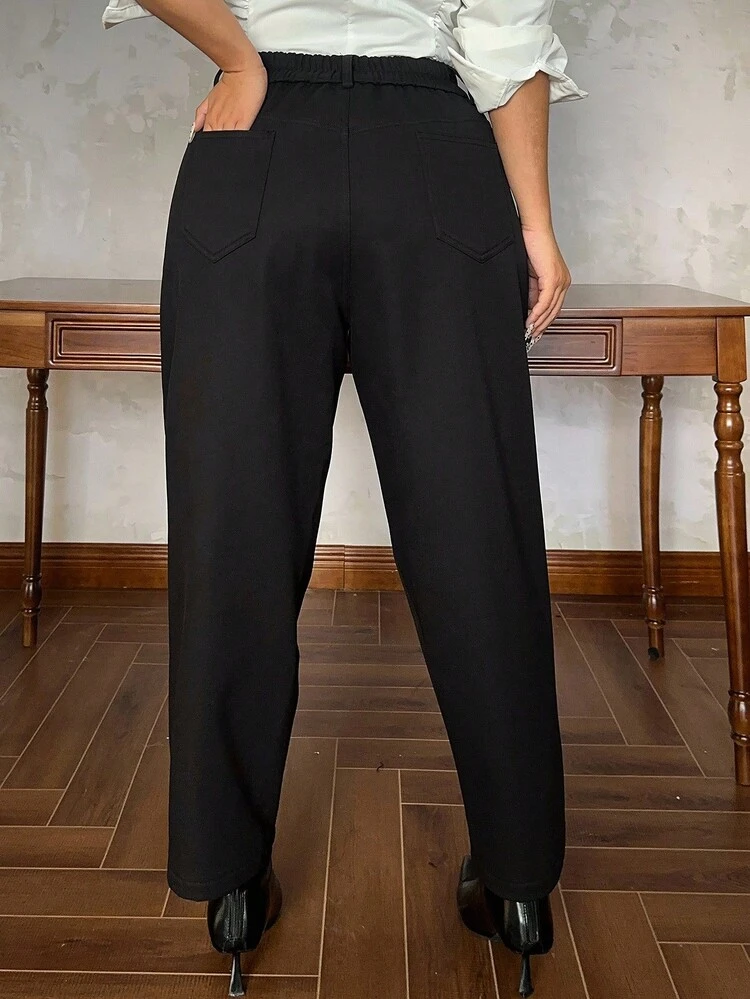 Dazy Plus Plus Size Thickened Solid Color Fashionable Casual Slim Straight Ankle-Length Pants, Versatile For Autumn/Winter Thermal Lined