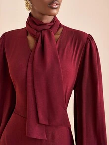 Zivah 2025 Winter New Style, Christmas, New Year, Birthday Party, Party, Back To School, Preppy Style, Student Wear, Everyday Outing, Basic Versatile, Casual, Cruise Travel, Influencer Style, Street Style, Elegant, Commuter, Business Casual, Small Stand-Up Collar, Tie Front Collar, Small V-Neck Bubble Effect, Long Sleeve Straight-Cut Loose Shirt With Gathered Maxi Skirt, Burgundy Suit, Winter Suit, Christmas Suit, New Year Suit, Women's Two-Piece Suit - Red Violet - View 4