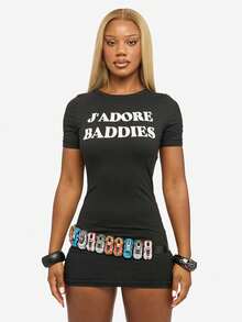 SUMWON WOMEN 棉质女式迷你 T 恤连衣裙 Jadore Baddies 个性印花短袖修身俱乐部之夜派对紧身连衣裙 - 黑色 - 查看 4