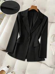 SHEIN PETITE Women's Office Solid Color Single-Breasted Waist Business Casual Suitable For Commuting Autumn And Winter Short Style Suit Jacket Elegant Autumn Going Out Jacket Clothing Teacher Suit Jacket