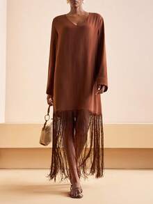 Zivah 2025夏早秋新款洋气游牧风生日派对毕业季学院风日常出游基础百搭休闲度假邮轮旅行沙滩海边日光浴流行街头风休闲优雅通勤派对深V领长袖长流苏下摆装饰连衣裙-A - 棕色 - 查看 1