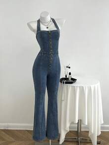 Elamini 女式纽扣设计休闲喇叭腿牛仔连体裤 - 中等水洗藍 - 查看 1