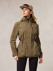 OutZeal 女式无 PFC 防水防风抽绳腰袋连帽户外外套徒步露营秋冬 - 棕色 - 查看 7