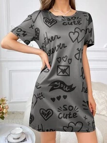SHEIN Camisón de pijama de manga corta con estampados de corazones y letras - Multicolor - Ver 5