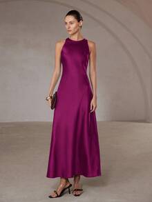 Aveloria Modichic Váy không tay dáng chữ A bằng vải acetate satin hai mặt, viền bất đối xứng, tối giản, thanh lịch dành cho nữ - Màu Hồng Tươi - Xem 4