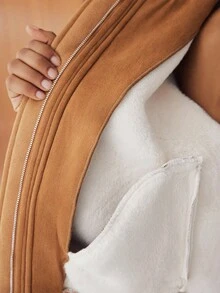 Lumivelle Abrigo de mujer con cuello de piel sintética y dobladillo de color contrastante