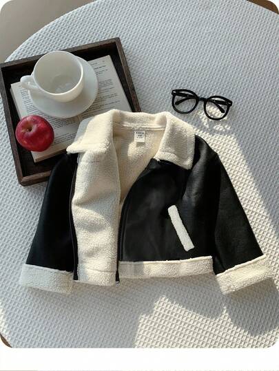 SHEIN 女婴休闲拼色PU皮革保暖内衬夹克，秋冬