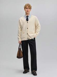 OFFICEAU Men's Old Money V Neck Knit Cardigan, Solid Apricot And Dual Pocket, Fall/Winter - Apricot - View 2