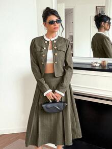 Franclia Damen Herbst/Winter elegantes romantisches Zweiteiler-Outfit mit rundem Ausschnitt, Metallknopf-Dekor, plissierter Rüsche, Patchwork, elastischem Bund und A-Linien-Rock für Universität und Herbst - Verschiedenfarbig - Übersicht 5