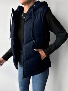 EURMUSE Chaleco con capucha con cremallera y cordón de unicolor para mujer, chaqueta de invierno de ajuste regular - Azul Marino - Ver 5