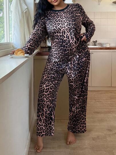SHEIN Plus Size Women Casual Leopard Print Crew Neck Knit Long Sleeve Top & Pants Pajama Set Leopard Pajama Set Leopard Print Pjs Leopard Pajamas Women Cheetah Print Pj Set, Winter Clothes