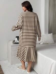 Dazy Plus Plus Size Women Striped Loose Straight Patchwork Ruffle Hem Nightgown, Cozy Outfit, Fall & Winter, Moo Moo Night Dress - Brown - View 2