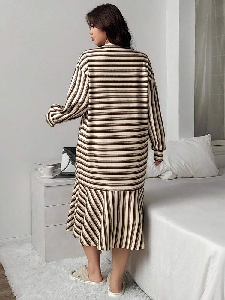 Dazy Plus Plus Size Women Striped Loose Straight Patchwork Ruffle Hem Nightgown, Cozy Outfit, Fall & Winter, Moo Moo Night Dress
