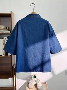 Manfinity VCAY 男士夏季短袖单排扣休闲口袋牛仔衬衫 - 藍色 - 查看 2