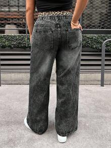 Dripcurv 加大码牛仔裤，休闲宽松直筒裤，豹纹腰带，阔腿休闲裤，双腰带松紧腰带，复古牛仔直筒宽松裤，女士街头潮流裤，休闲版型松紧腰带，撞色腰带，二合一设计豹纹 - 黑色 - 查看 2