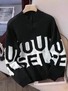Daypath Men's Casual Loose Letter Pattern Half-Zip Long Sleeve Sweater, Autumn - Black - View 1
