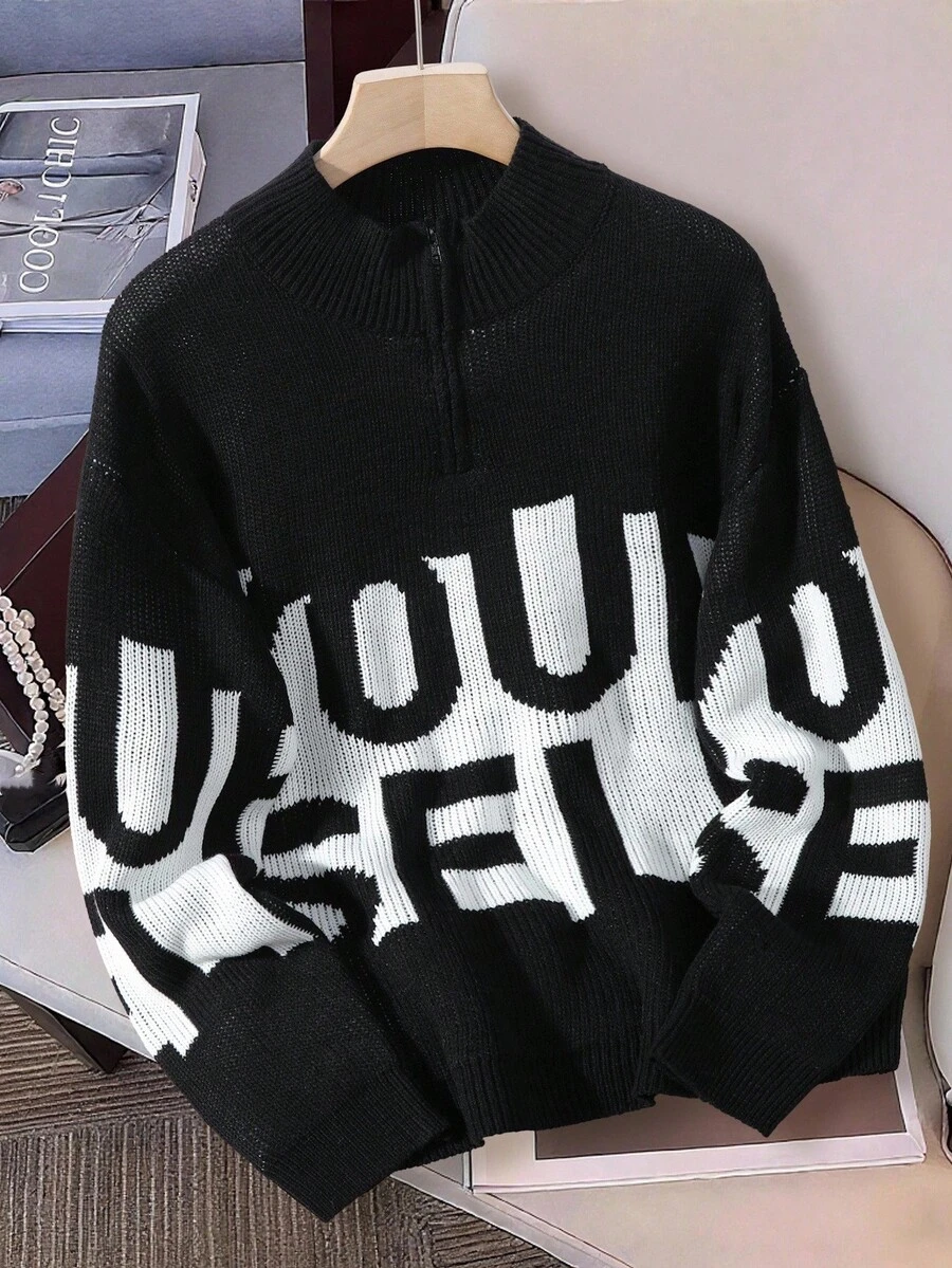 Daypath Men's Casual Loose Letter Pattern Half-Zip Long Sleeve Sweater, Autumn - Black - View 1