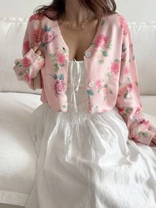 Flirla 复古可爱甜美 V 领提花粉红玫瑰花朵长款泡泡袖开衫毛衣女士度假 - 彩色 - 查看 1