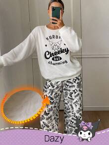 DAZY HELLO KITTY AND FRIENDS | SHEIN 女士毛绒字母和卡通刺绣上衣和宽松全印花裤睡衣套装，冬季，秋季服装 - 米色 - 查看 1
