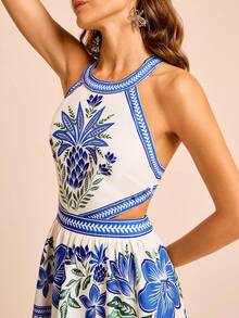 CAJUNI Women's Boho Tropical Floral Print, Sleeveless Tie-Back Backless Mini Dress, Casual Beach Sundress For Summer Vacation - Multicolor - View 6
