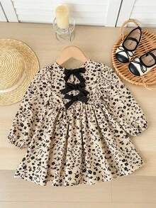 SHEIN LMoss Kids 女宝宝可爱度假休闲杏色碎花图案蝴蝶结长袖宽松连衣裙，婴儿蝴蝶结连衣裙，碎花连衣裙，女宝宝波西米亚风连衣裙，婴儿女童服装，秋冬季婴儿连衣裙 - 彩色 - 查看 5