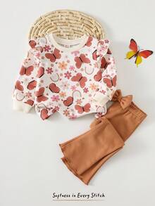 Cozy Pixies 2 pezzi Set di felpa a girocollo con maniche lunghe e volant con stampa floreale e farfalla e pantaloni a zampa con vita elastica per bambina