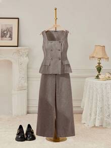 SHEIN MOD 大码格子西装套装、背心和裤子、无袖缺口领经典格子背心、高腰宽松格子阔腿裤、复古、办公室、正式、学术、商务，秋冬 - 彩色 - 查看 3