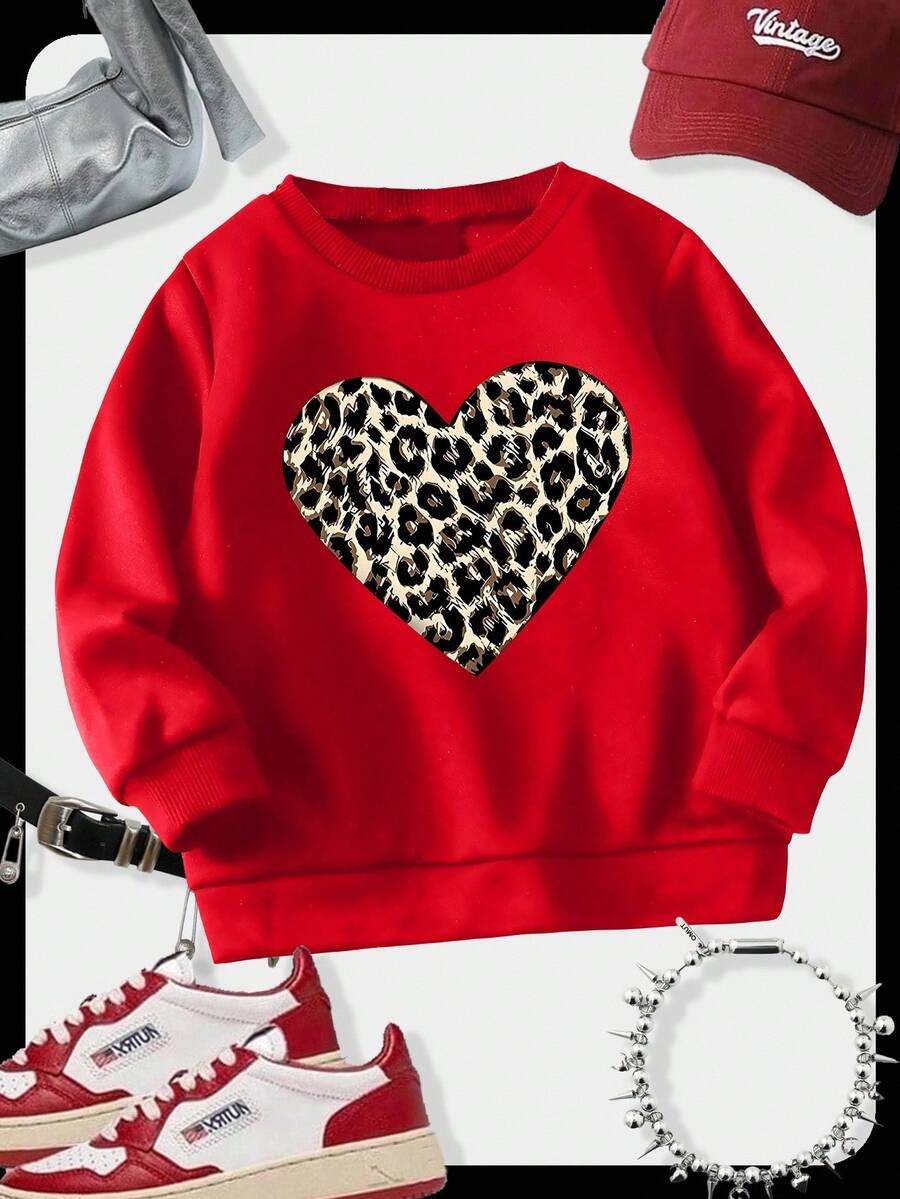 SHEIN Tween Girl Casual Leopard Heart Print Round Neck Sweatshirt - Red - View 1
