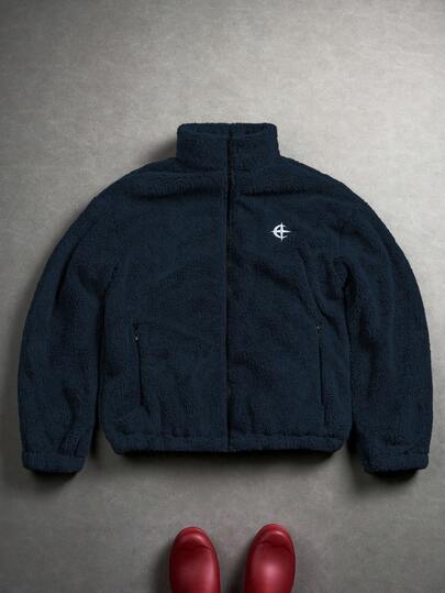 PAVTROS 男士抓绒休闲百搭纯色刺绣夹克，秋冬男士短款夹克，藏蓝色夹克