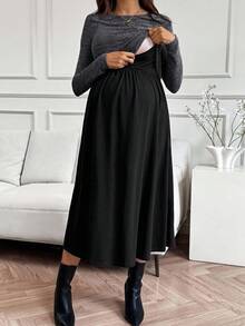 SHEIN Đầm cho con bú cổ tròn tay dài màu tương phản dành cho bà bầu - màu đen - Xem 2