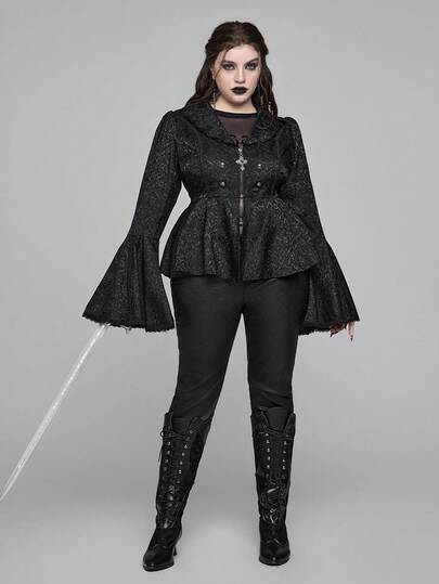 EDITION Cardigan à col plissé texturé noir à volants, grande taille, style gothique pour l'automne/hiver. Convient pour Halloween, Noël, événements festifs. Veste extérieure grande taille. Veste gothique noire élégante pour femmes de grande taille