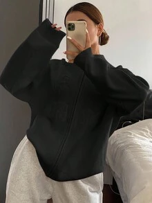 DAZY 1 pieza Suéter holgado de punto con cuello alto y estampado de letras de unicolor para mujer, ropa de mujer de otoño - Negro - Ver 4