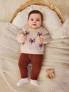 Cozy Pixies Newborn Baby Boy/Girl Cartoon Fox Pattern Crew Neck Long Sleeve Sweater And Elastic Waist Pants 2-Piece Set Fall Winter Baby Set Autumn Winter Season Baby Knitwear Baby Clothes Girl Fall Sweater Mocha Baby Clothes Baby Girl Brown Outfit