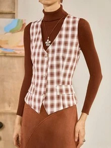 SHEIN Unity 女士休闲格子背心，时尚外套夹克，秋季 - 棕色 - 查看 6
