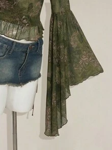 SHEIN ICON Vintage Retro Print Mesh Sheer V-Neck Flare Sleeve Women Top Bell Sleeves Boho Top