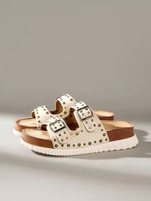 Solecia Women's Wedge Heel Thick Sole Round Toe Studded Apricot Comfortable Beach Casual Sandals - Apricot - View 2