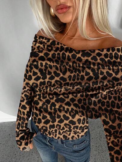 Aloruh Camiseta de manga larga con hombros descubiertos con estampado de leopardo para mujer, adecuada para primavera y otoño