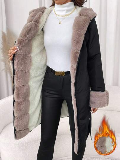 Editum Manteau matelassé à capuche avec col en fausse fourrure, doublure thermique, élégant pour le travail, automne/hiver pour femmes