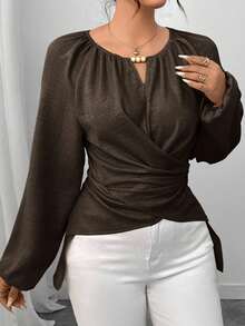 Elenzga Áo sơ mi nữ thắt eo kiểu quấn hạt cườm, Thu/Đông - màu nâu - Xem 6