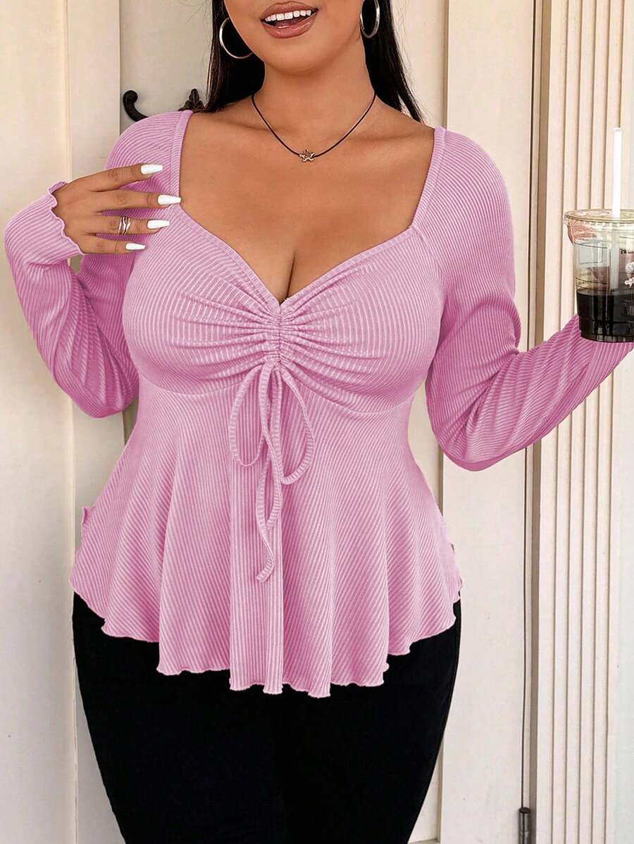 Vionelle Plus Size Women's Casual Sweetheart Neck Front Drawstring Ribbed Long Sleeve Babydoll Tee, Spring/Autumn - Pink - View 1