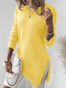 EMERY ROSE Lässiger einfarbiger Pullover mit asymmetrischem Saum und Seitenschlitz, Herbst/Winter - Gelb - Übersicht 3