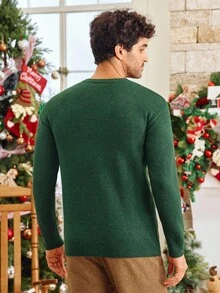 Manfinity VCAY 男士圣诞元素图案针织毛衣，略宽松套头衫，适合秋冬季节，尽显新年魅力 - 綠色 - 查看 3