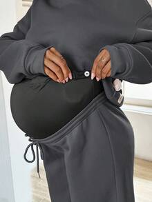 SHEIN 2 件套孕妇纯色落肩长袖连帽运动衫和可调节腰部运动裤，秋冬休闲装 - 深灰色 - 查看 7