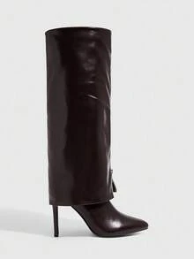 SHEIN X Lucía Bellido CUCCOO SZL Fashionable Y2K Versatile Women's Thigh High Boots With High Heels - Coffee Brown - View 4