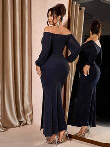 Cravure Plus Size Black Off-Shoulder Dress, Elegant & Sexy For Party, Banquet, Autumn/Winter - Navy Blue - View 2
