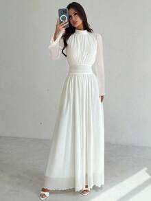 Firerie Women's Elegant Romantic Elegant Daily Commute Beach Vacation Stand Collar Pleated High Waist A-Line Flared Long Sleeve White Dress Women's New Year's Eve Dresses,Dresses For Women Elegant - White - View 6