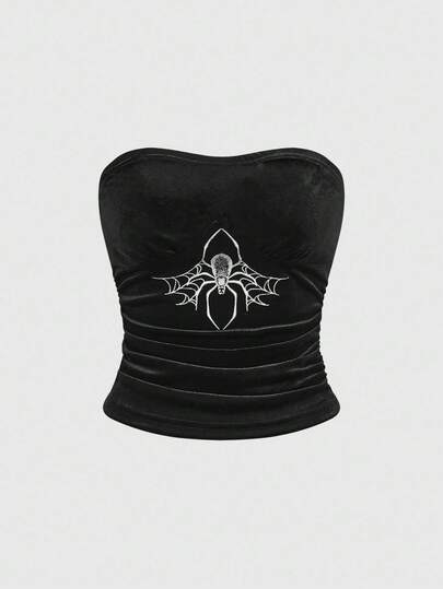 Goth Débardeur en velours avec broderie d'araignée gothique pour Halloween